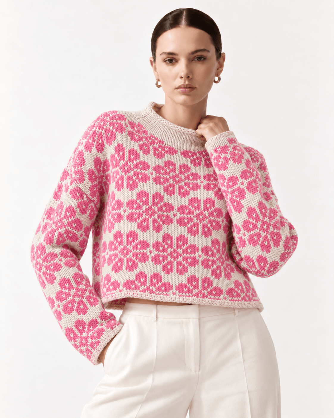 Floral Contrast Trim Dropped Shoulder Sweater - FELLAURA