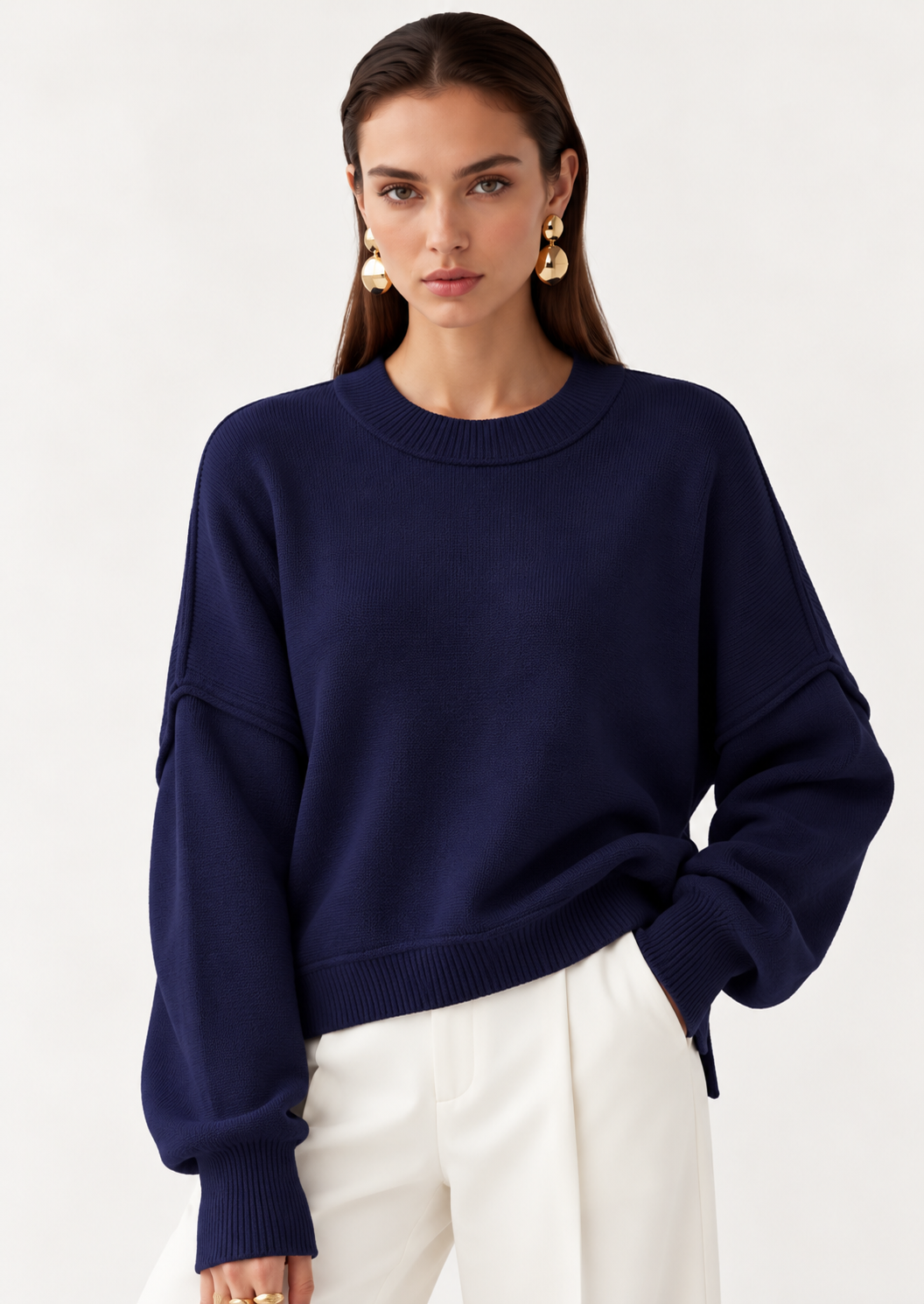 Crew Neck Dropped Shoulder Sweater - FELLAURA