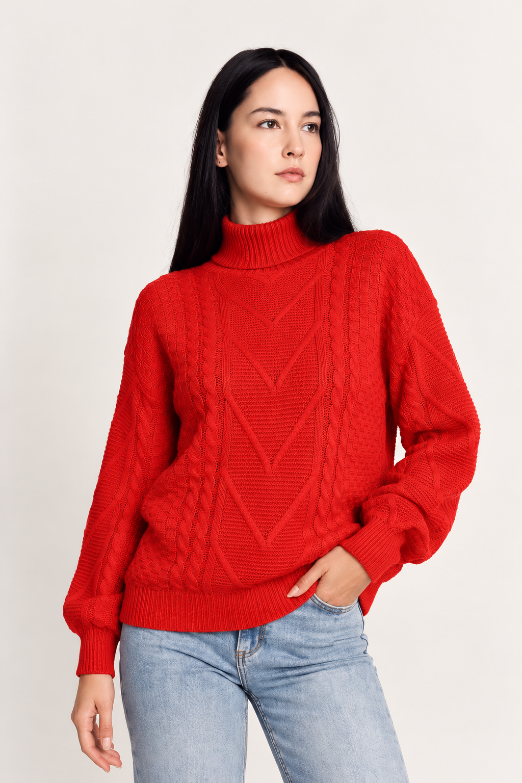 Cable-Knit Turtleneck Long Sleeve Sweater - FELLAURA