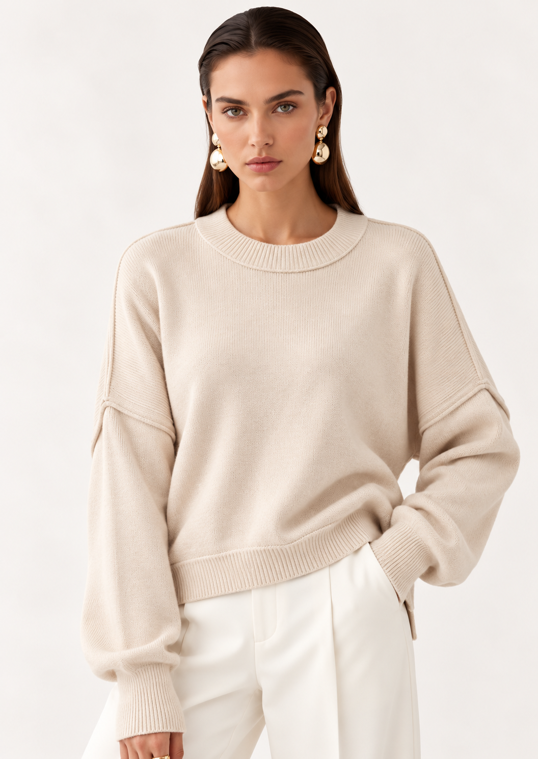 Crew Neck Dropped Shoulder Sweater - FELLAURA
