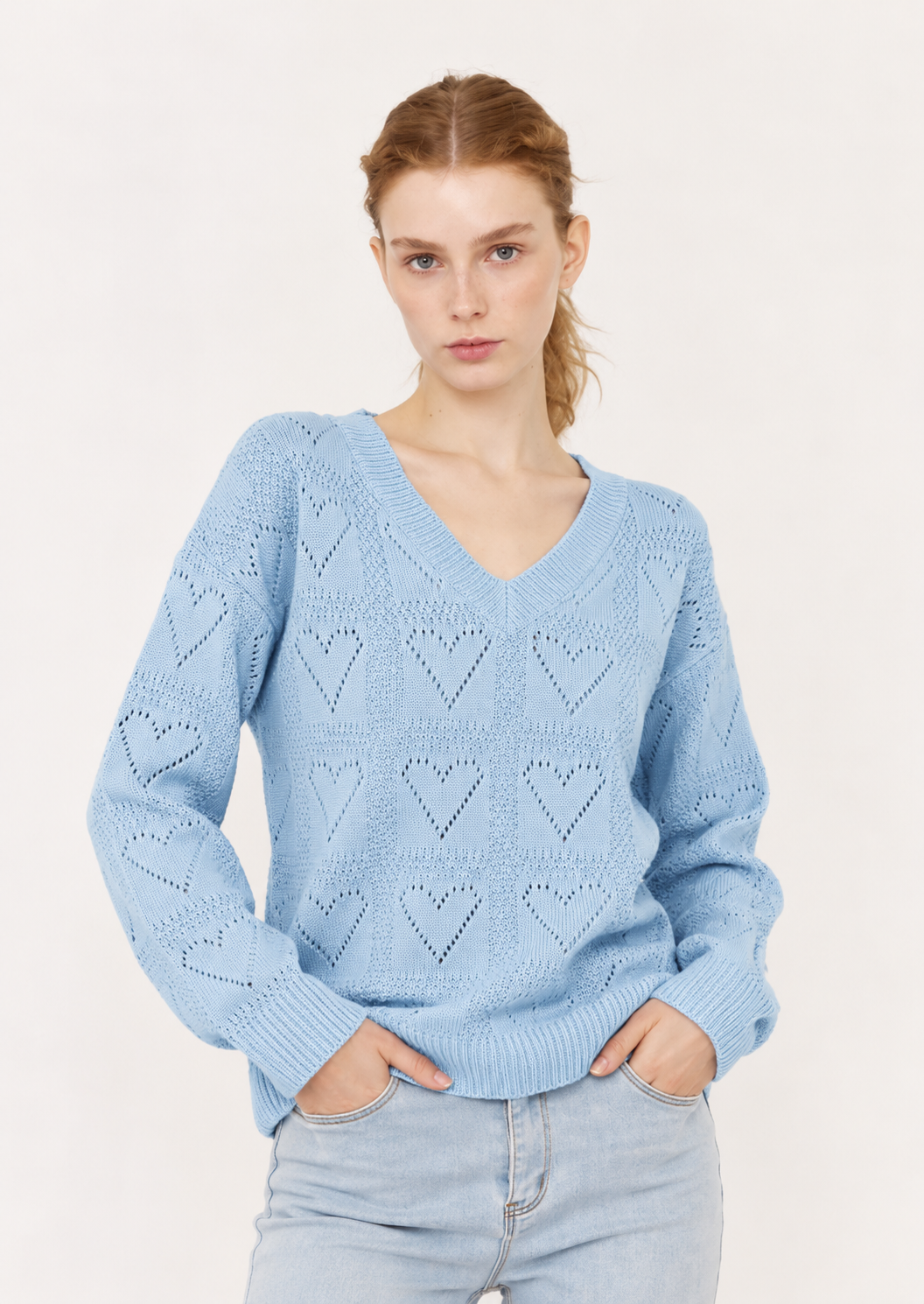 Openwork V-Neck Long Sleeve Knit Sweater - FELLAURA