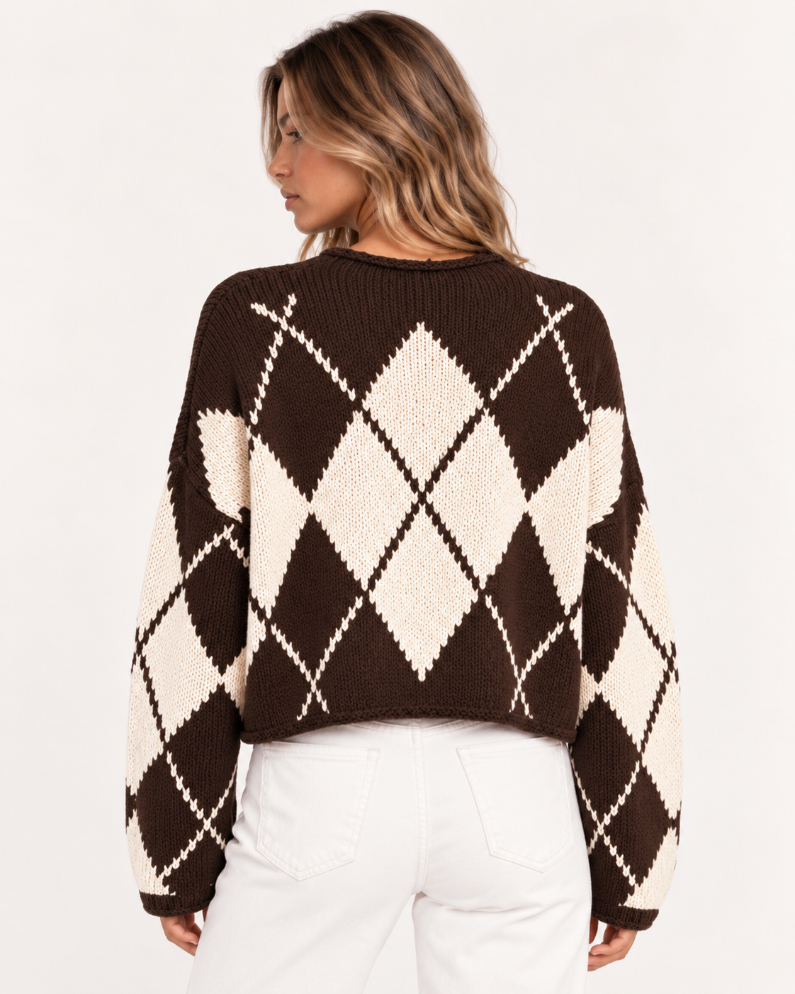 Argyle Pattern Knit Dropped Shoulder Sweater - FELLAURA