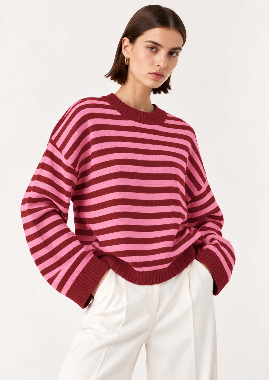 Ribbed Striped Dropped Shoulder Sweater - FELLAURA