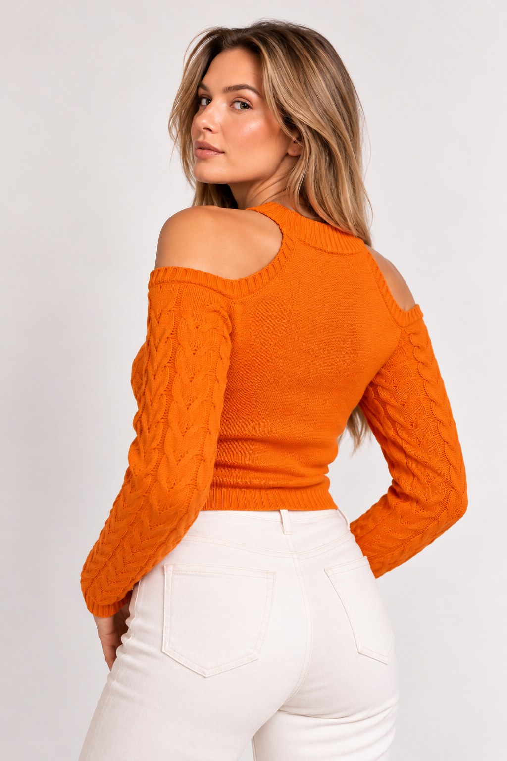 Cable-Knit Cold-Shoulder Sweater - FELLAURA