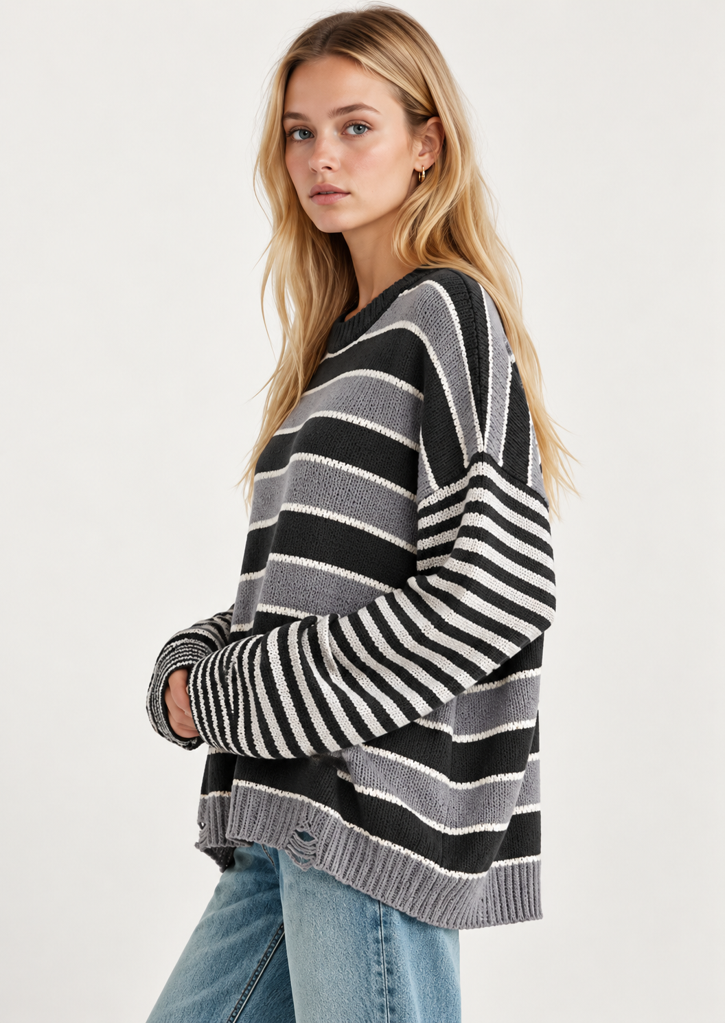 Oversized Striped Distressed Sweater - FELLAURA