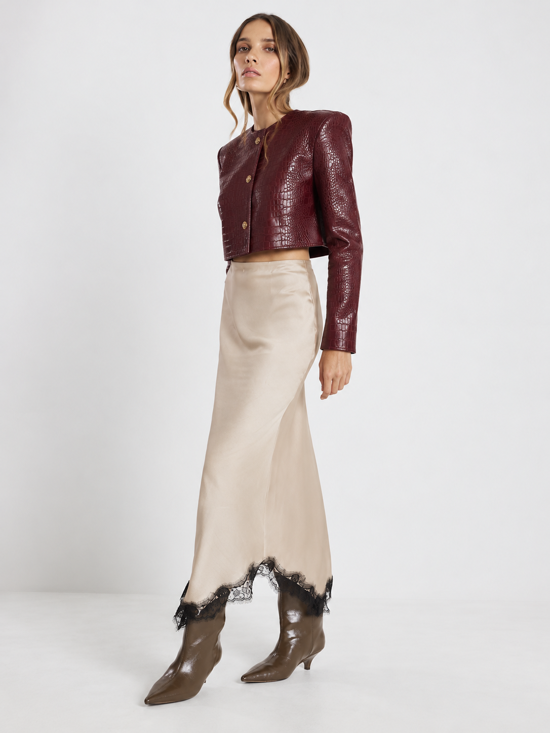 Crocodile Embossed Cropped Leather Jacket