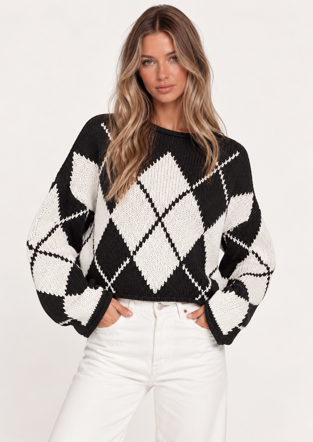Argyle Pattern Knit Dropped Shoulder Sweater - FELLAURA