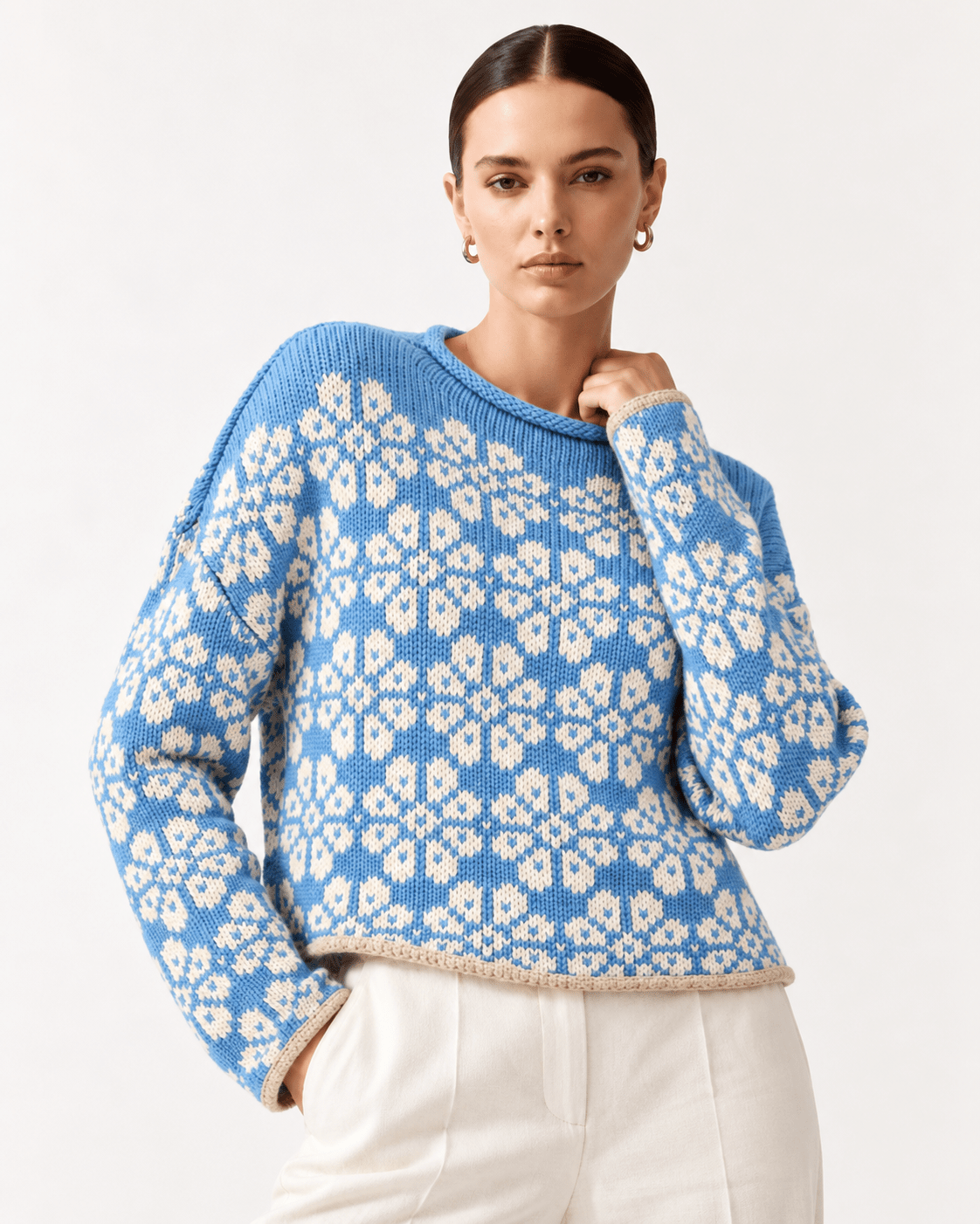Floral Contrast Trim Dropped Shoulder Sweater - FELLAURA