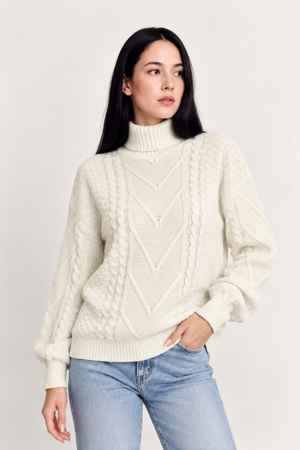 Cable-Knit Turtleneck Long Sleeve Sweater - FELLAURA