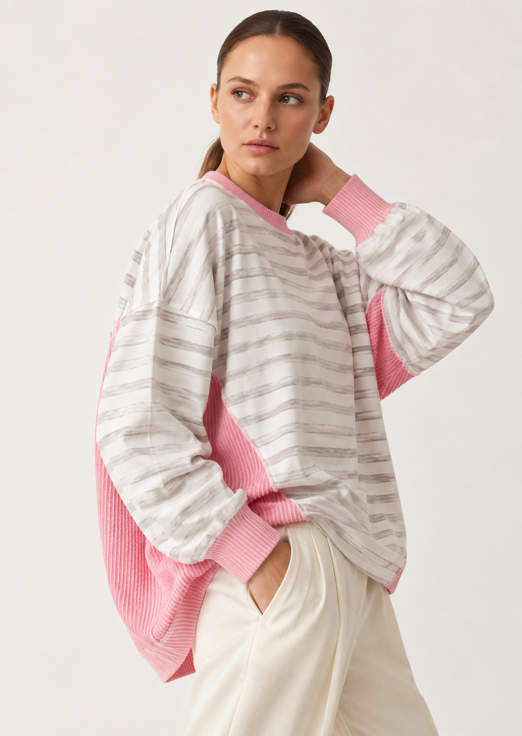 Twisted Rib Trim Striped Round Neck Loose Pullover Sweatshirt