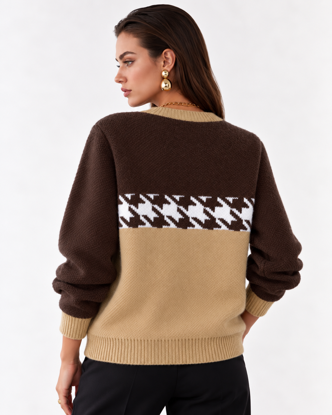 Houndstooth Pattern Color Block Sweater