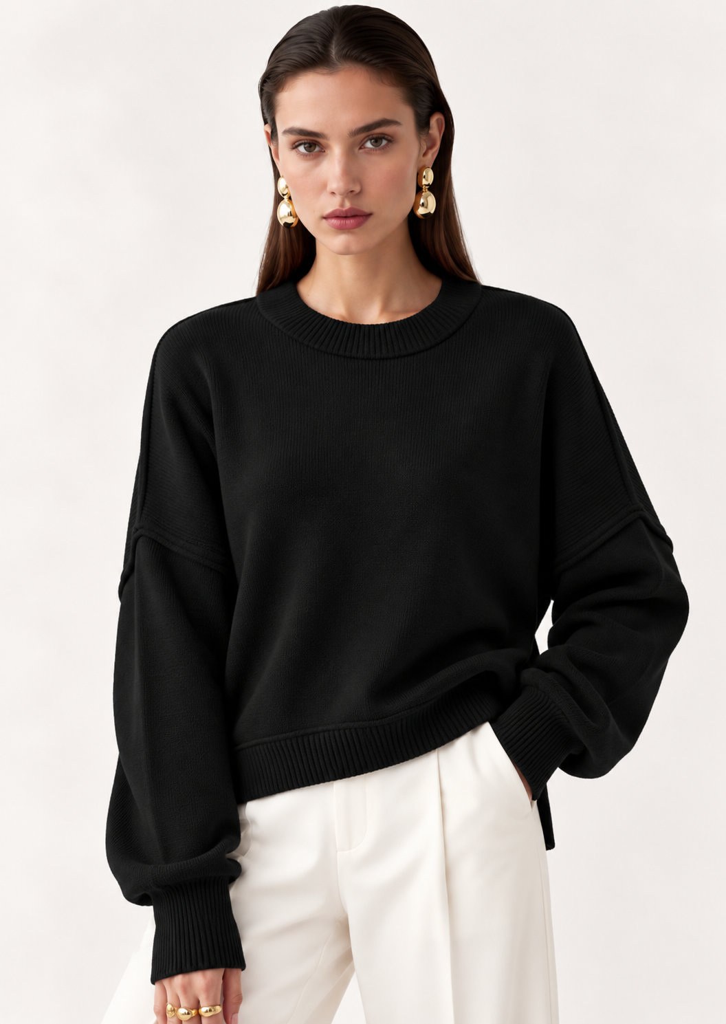 Crew Neck Dropped Shoulder Sweater - FELLAURA