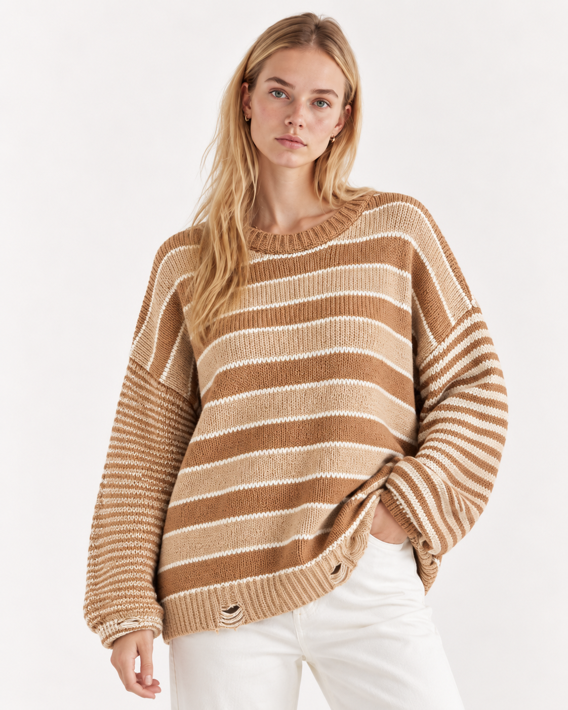 Oversized Striped Distressed Sweater - FELLAURA