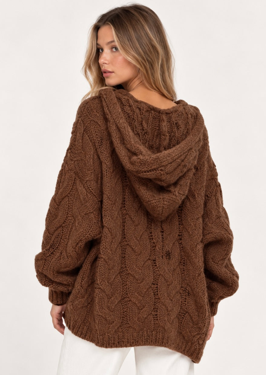 Cable-Knit Hooded Long Sleeve Sweater - FELLAURA