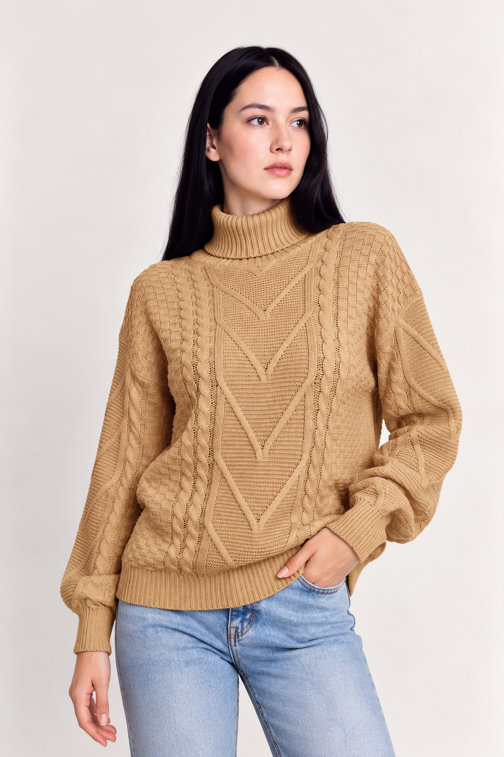 Cable-Knit Turtleneck Long Sleeve Sweater - FELLAURA
