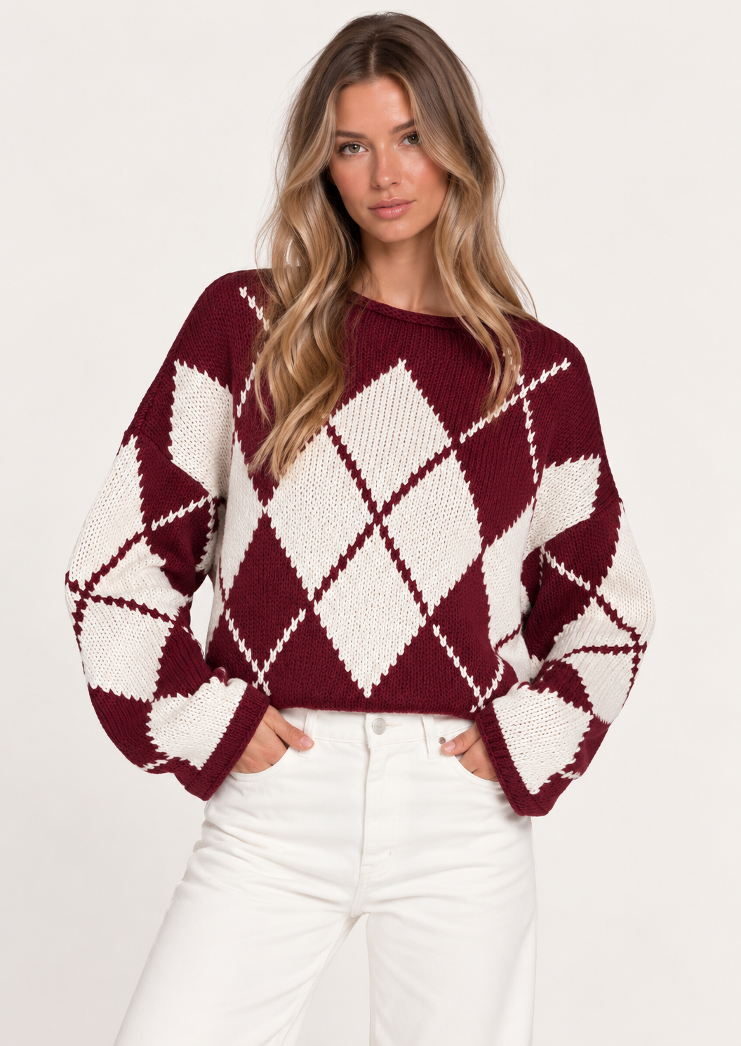 Argyle Pattern Knit Dropped Shoulder Sweater - FELLAURA