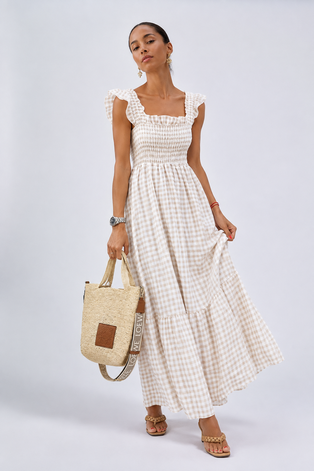 Full Size Gingham Smocked Ruffle Maxi Dress Plus Size - FELLAURA