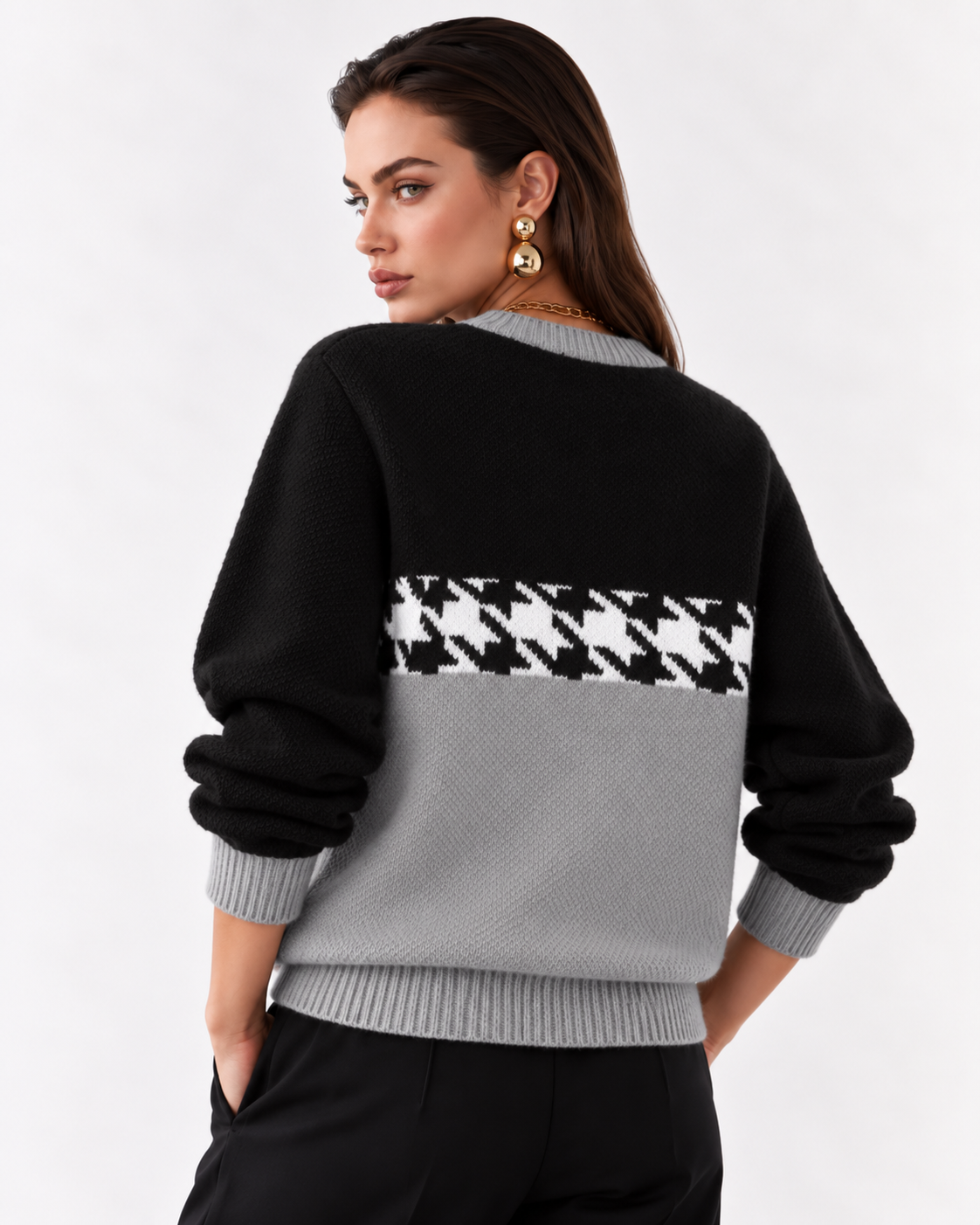 Houndstooth Pattern Color Block Sweater