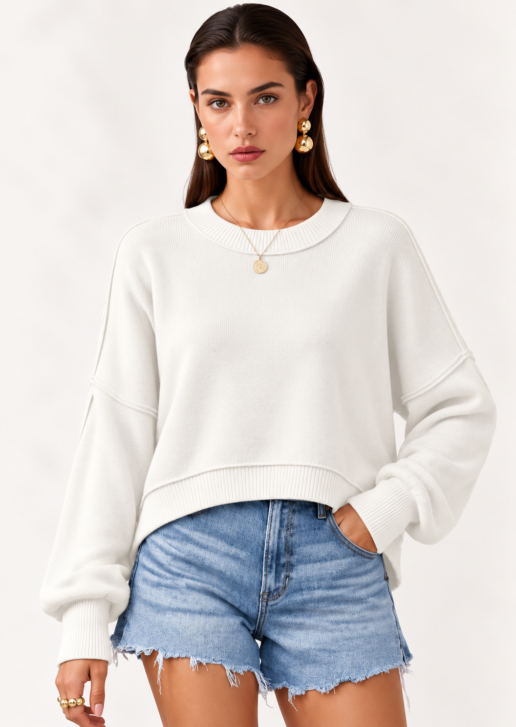 Crew Neck Dropped Shoulder Sweater - FELLAURA
