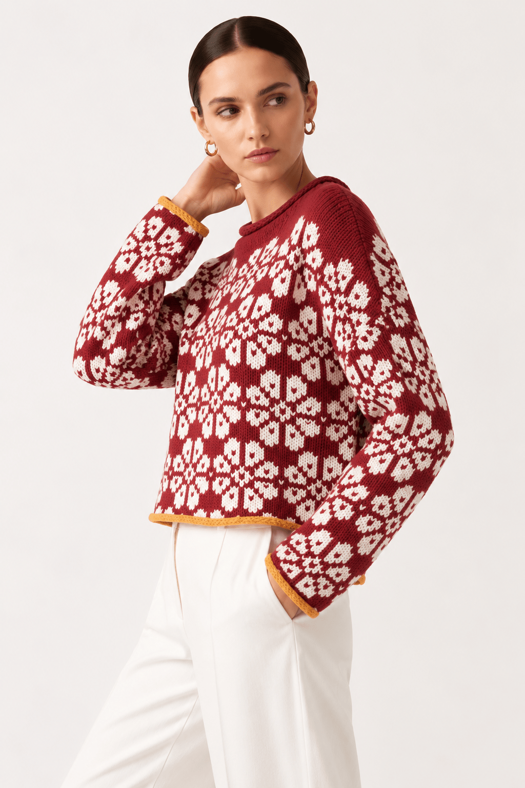 Floral Contrast Trim Dropped Shoulder Sweater - FELLAURA