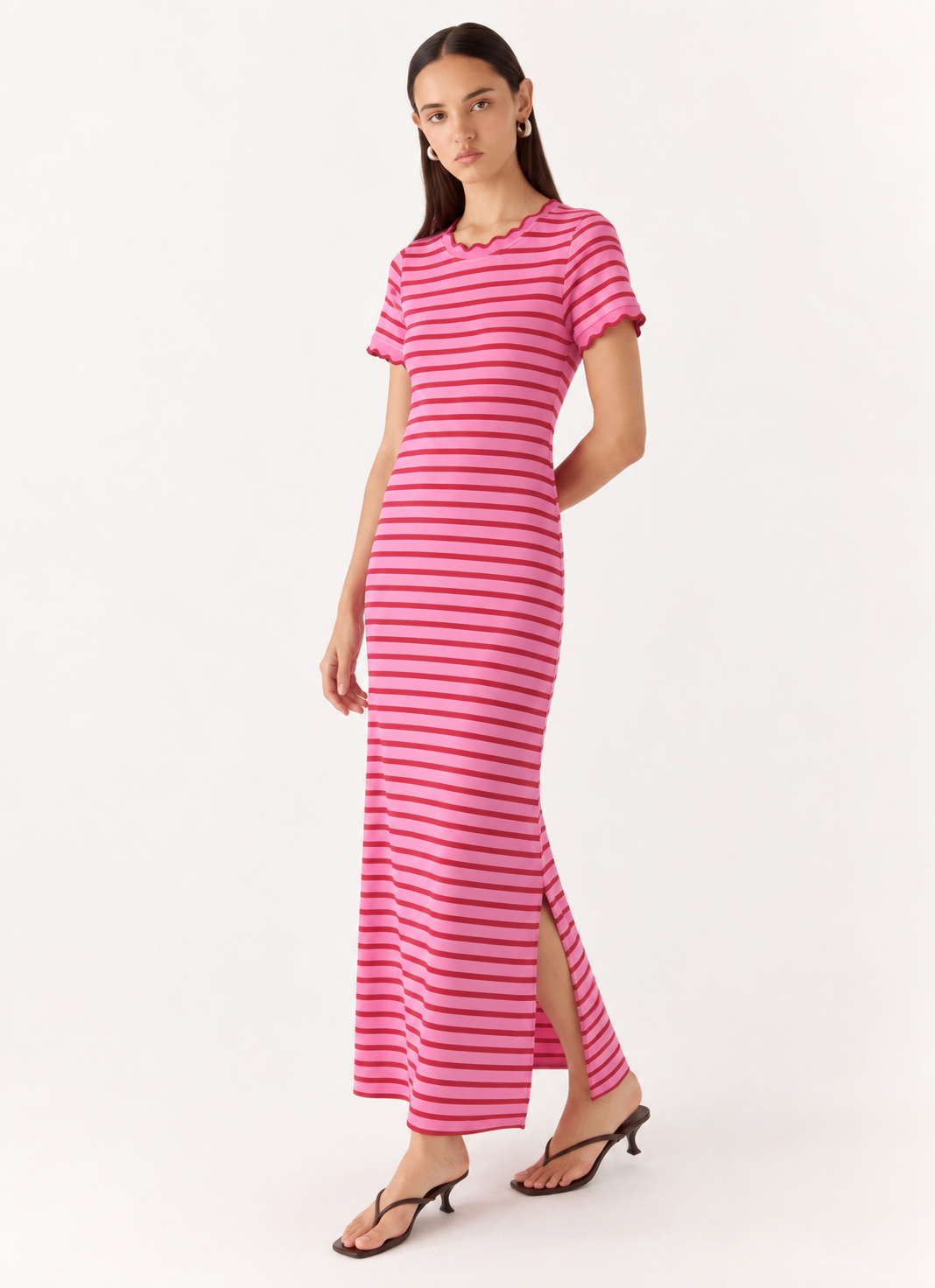 Stripe Striped Short Sleeve Scalloped Trim Side Slit Maxi Tee Dress - FELLAURA