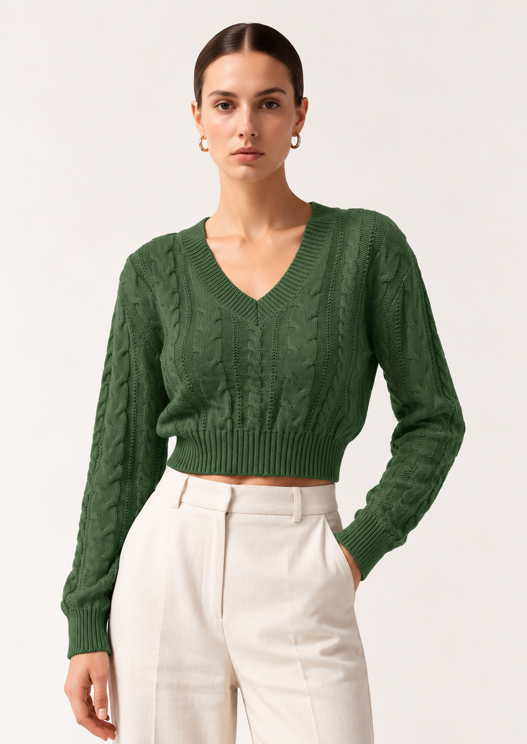 Elegant Cable-Knit Cropped Sweater - FELLAURA