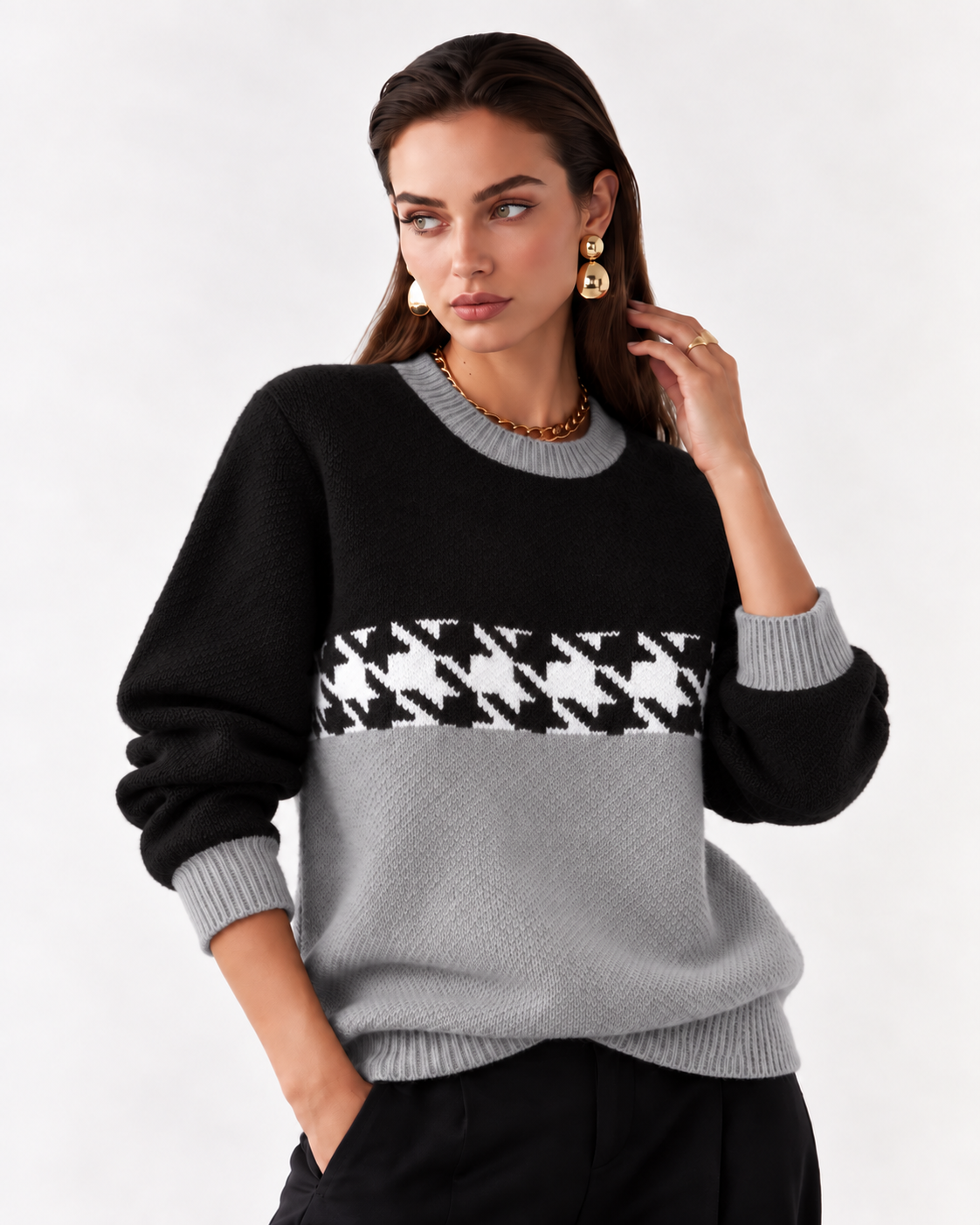 Houndstooth Pattern Color Block Sweater