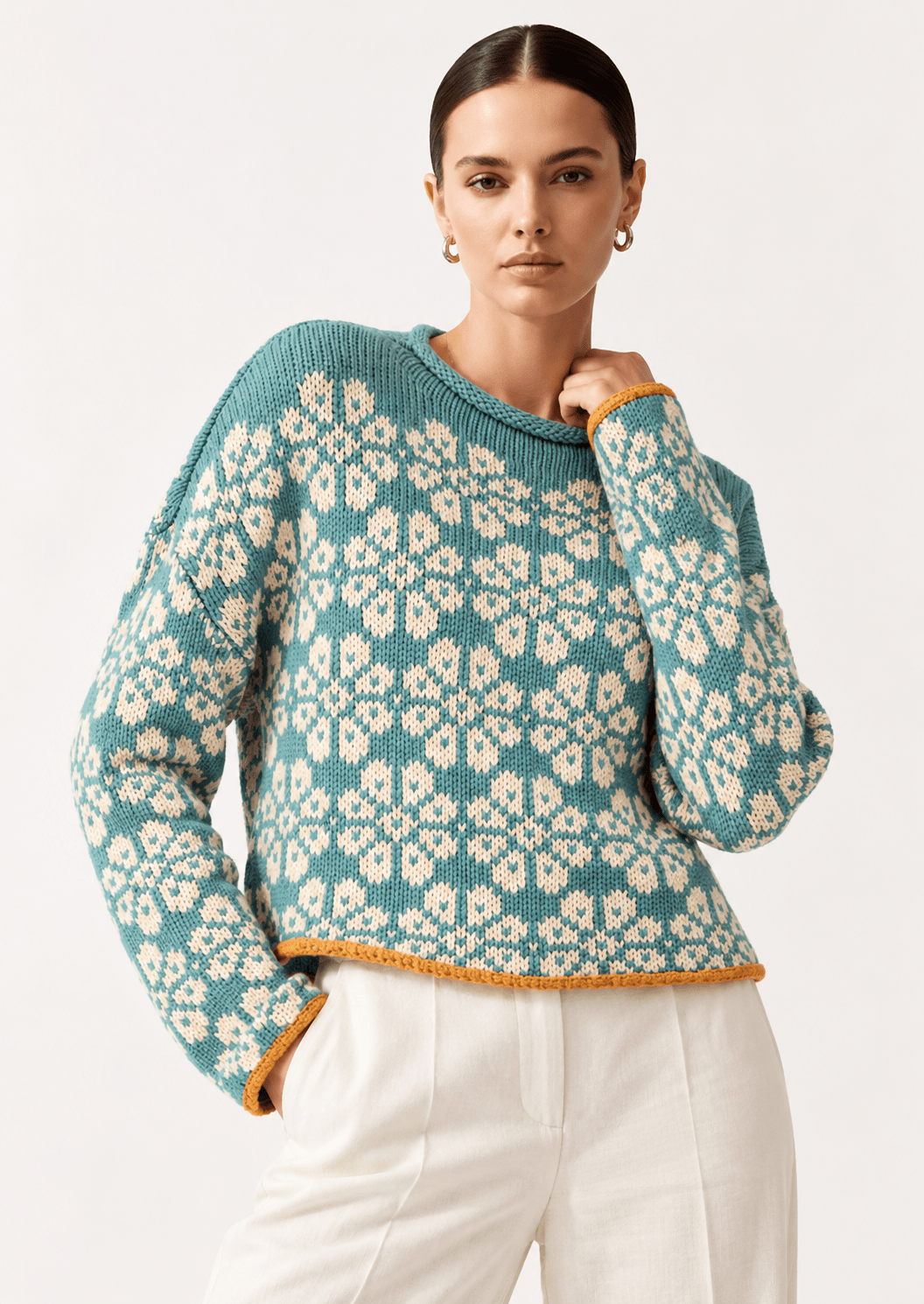 Floral Contrast Trim Dropped Shoulder Sweater - FELLAURA