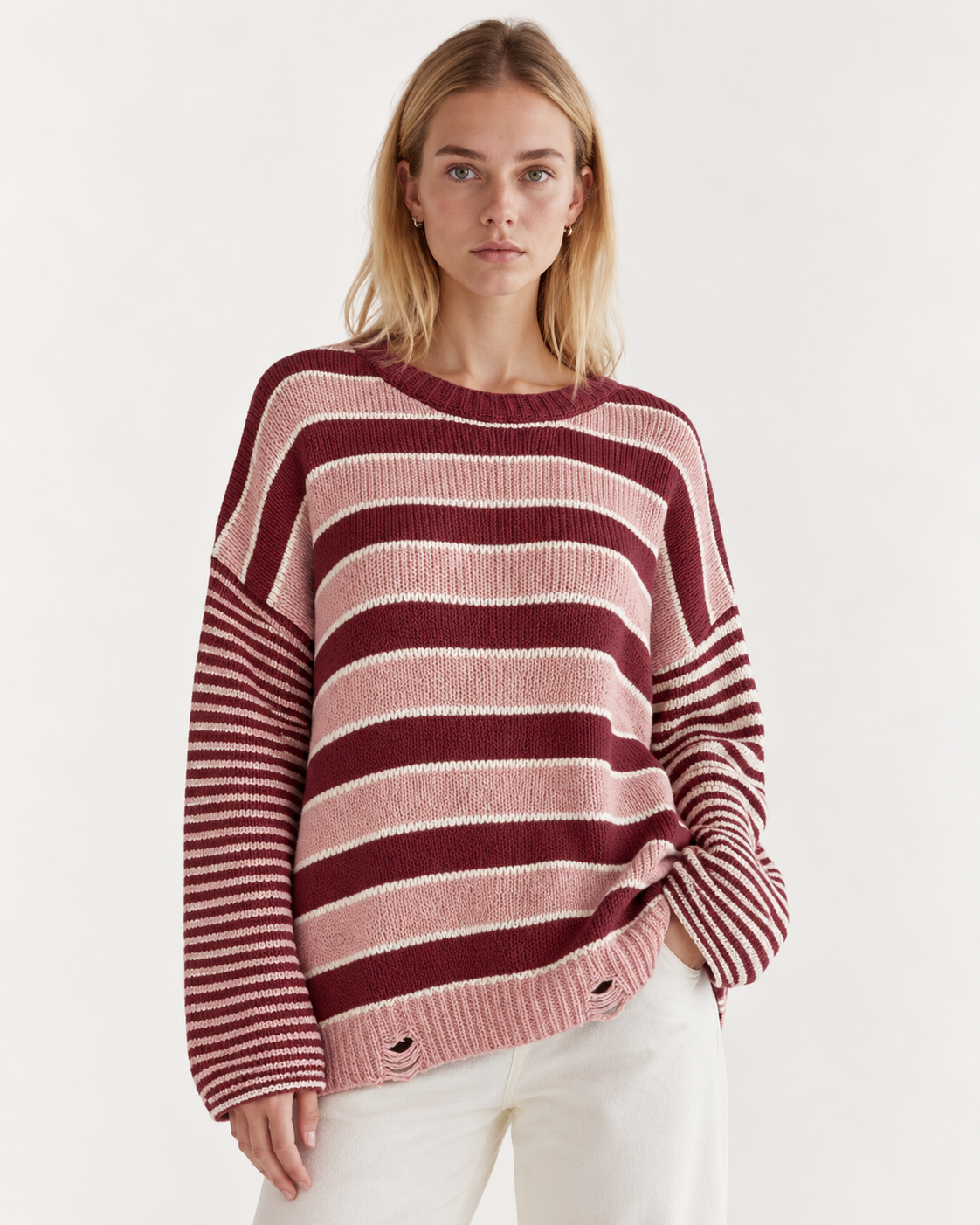 Oversized Striped Distressed Sweater - FELLAURA