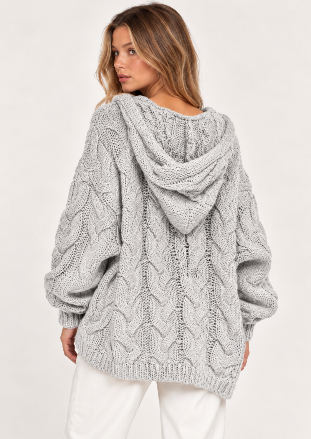 Cable-Knit Hooded Long Sleeve Sweater - FELLAURA