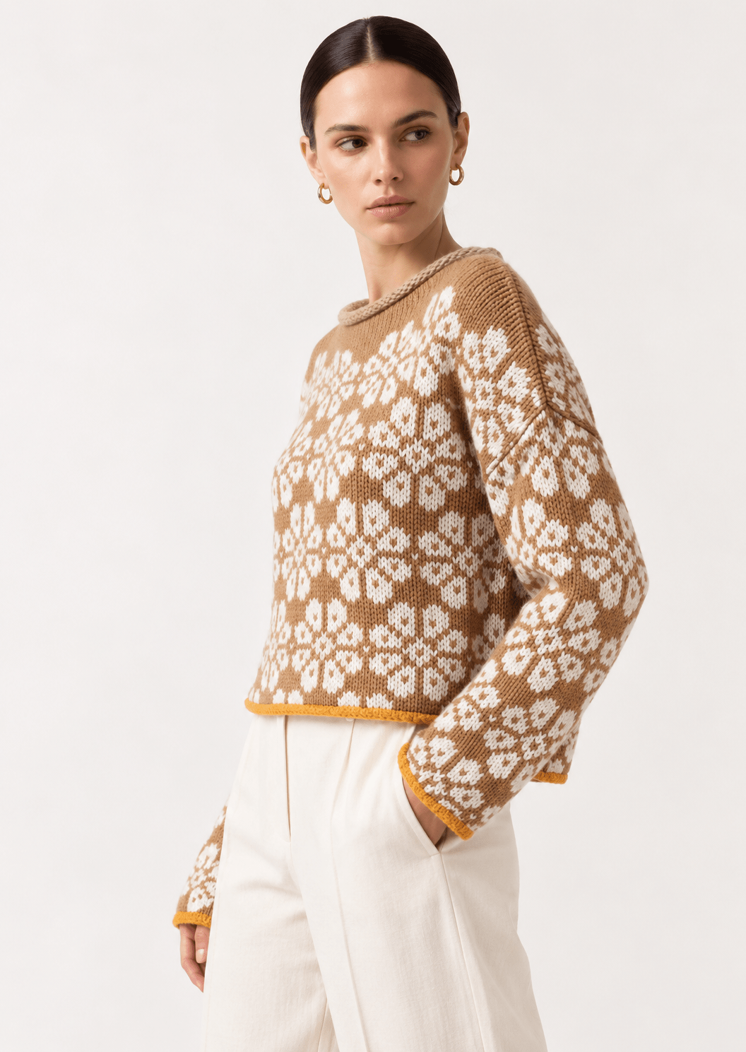 Floral Contrast Trim Dropped Shoulder Sweater - FELLAURA