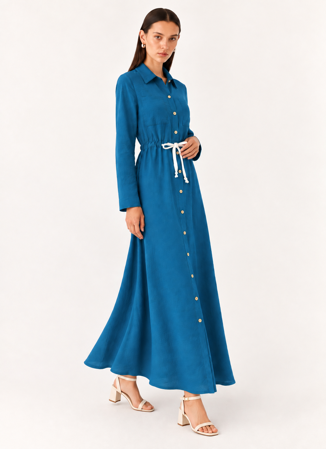 Elegant Button-Down Long Sleeve Dress - FELLAURA