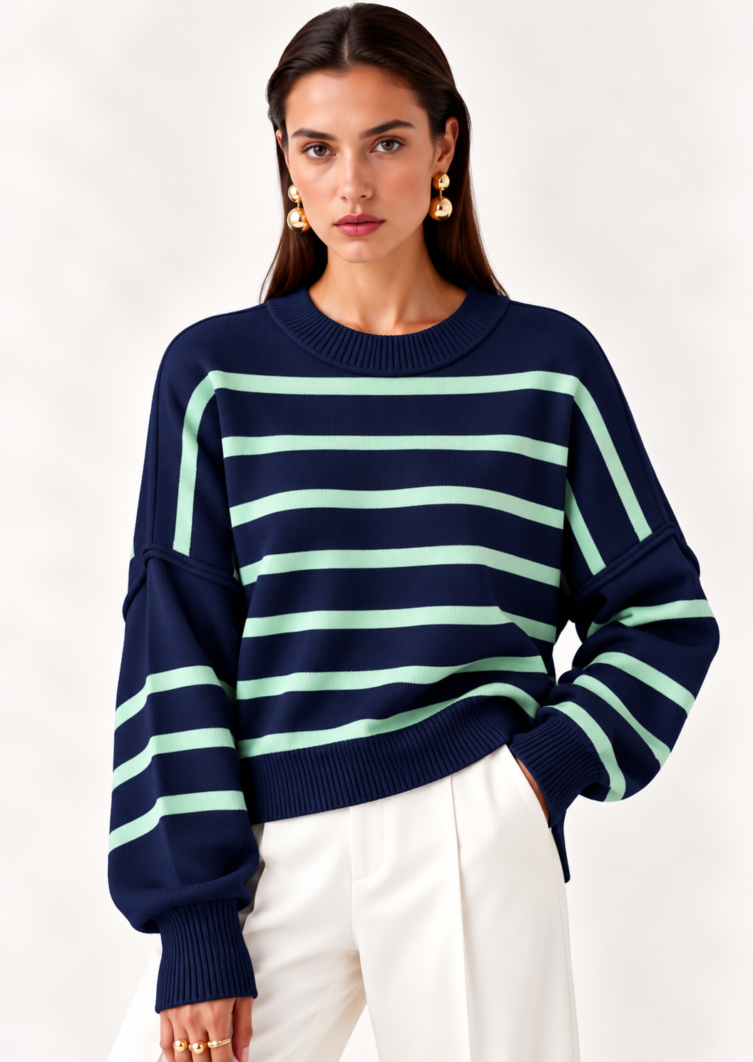 Crew Neck Dropped Shoulder Sweater - FELLAURA