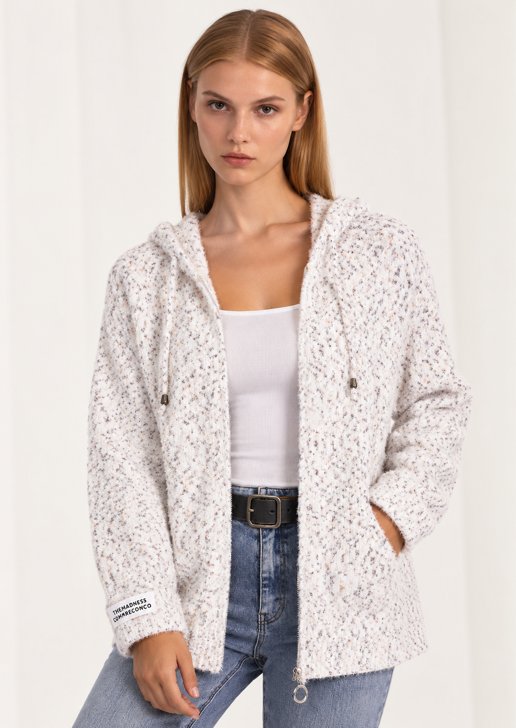 Zip-Up Drawstring Hooded Sweater - FELLAURA