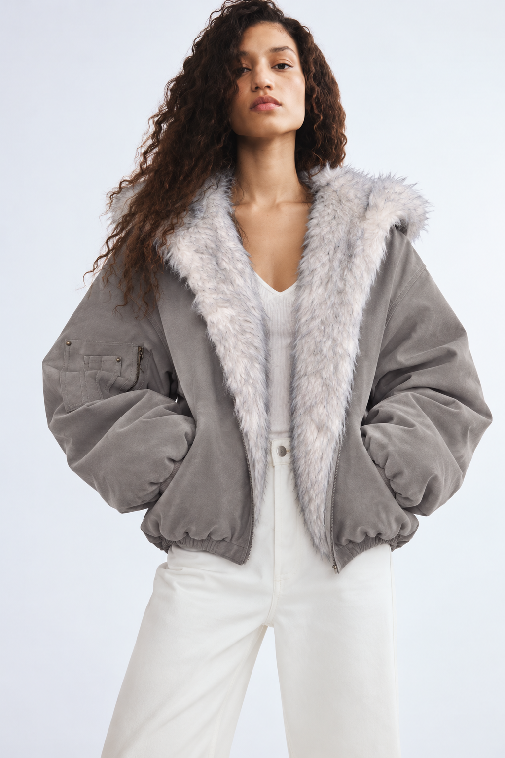 Oversized Faux Fur Trimmed Suede Bomber Jacket