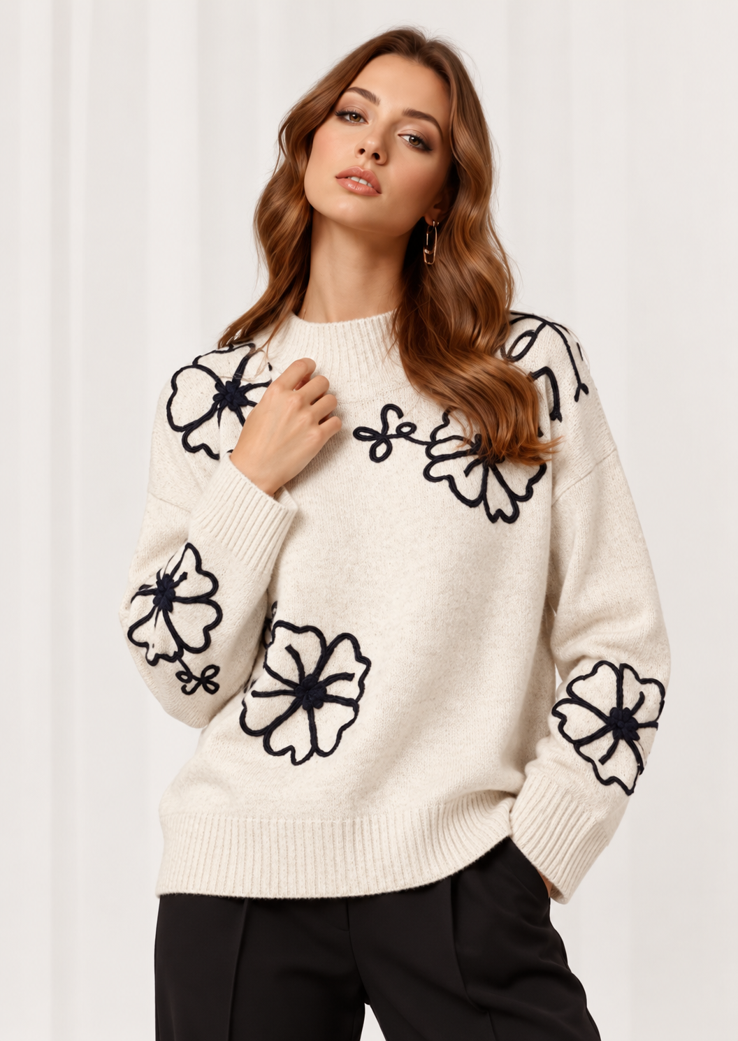 Flower Mock Neck Long Sleeve Sweater - FELLAURA