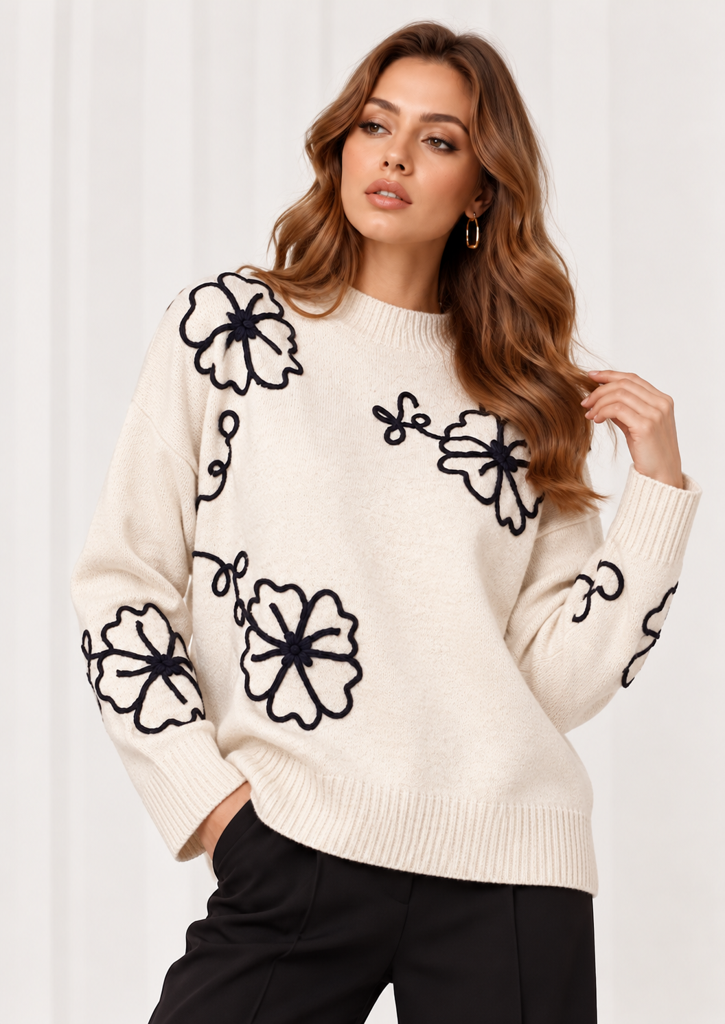 Flower Mock Neck Long Sleeve Sweater - FELLAURA
