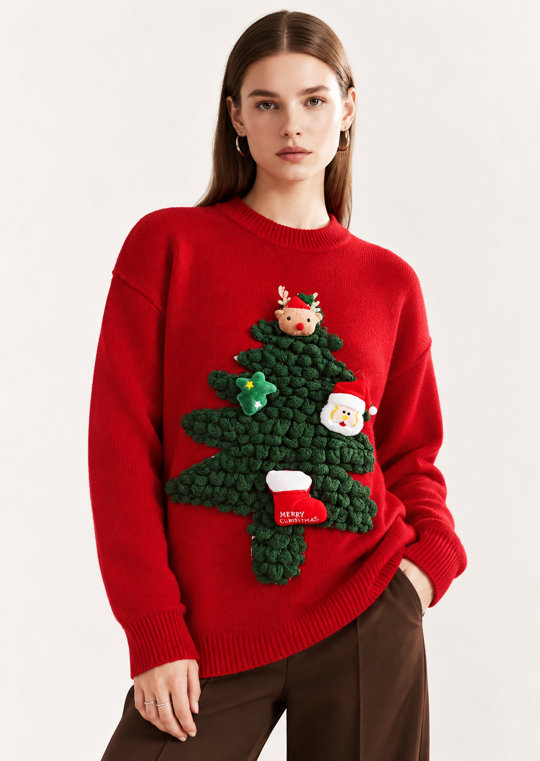 Christmas Tree Round Neck Long Sleeve Sweater - FELLAURA