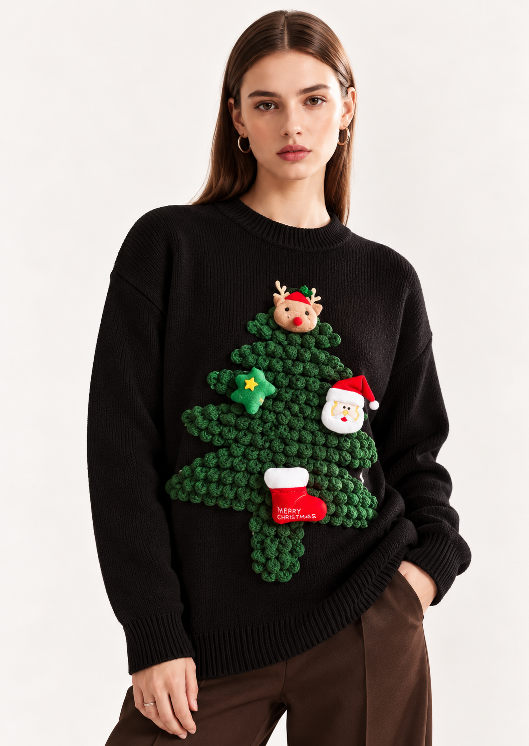 Christmas Tree Round Neck Long Sleeve Sweater - FELLAURA