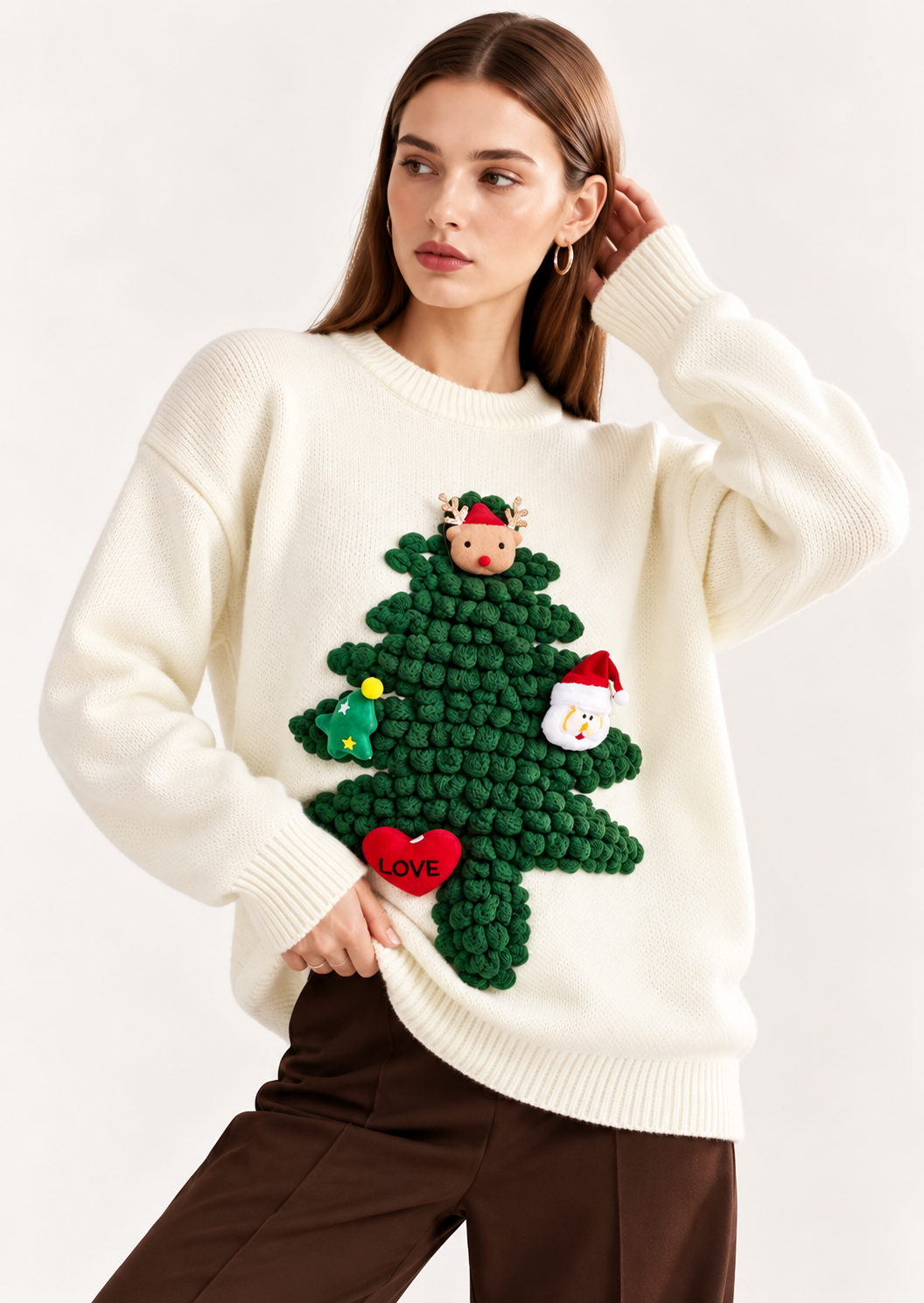 Christmas Tree Round Neck Long Sleeve Sweater - FELLAURA