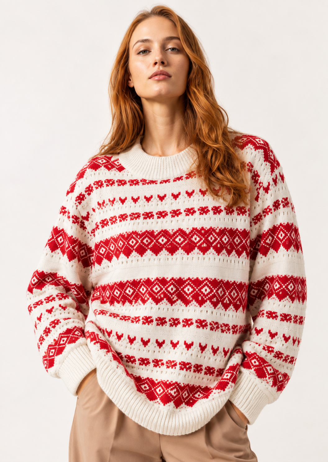 Geometric Round Neck Dropped Shoulder Sweater - FELLAURA