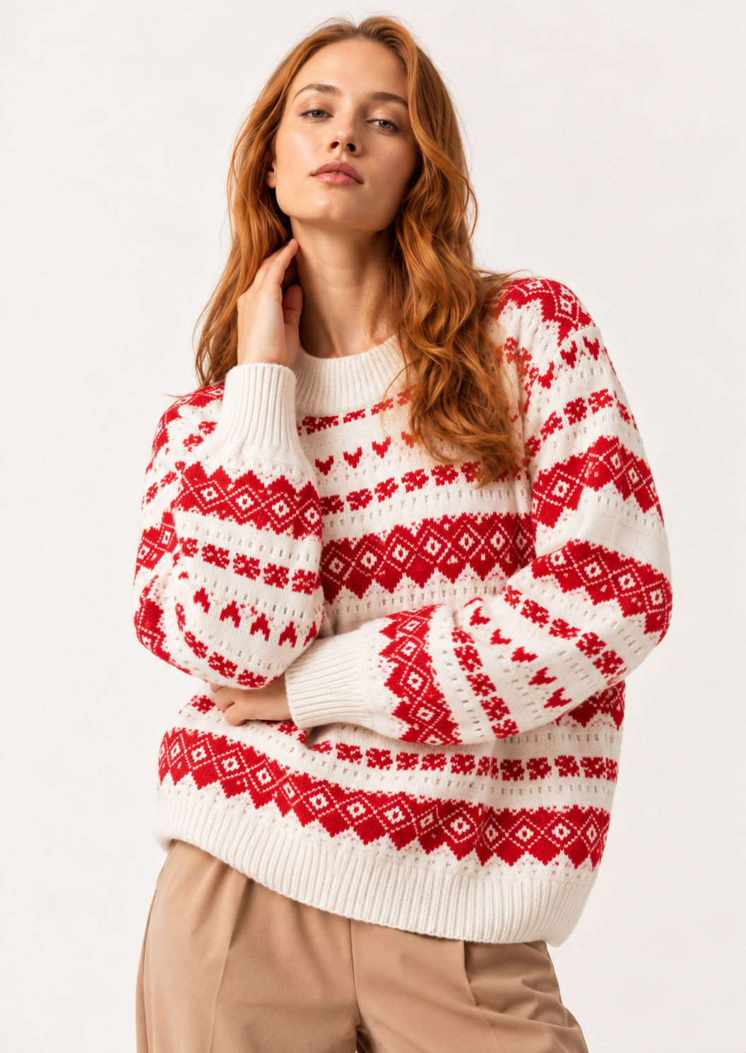 Geometric Round Neck Dropped Shoulder Sweater - FELLAURA