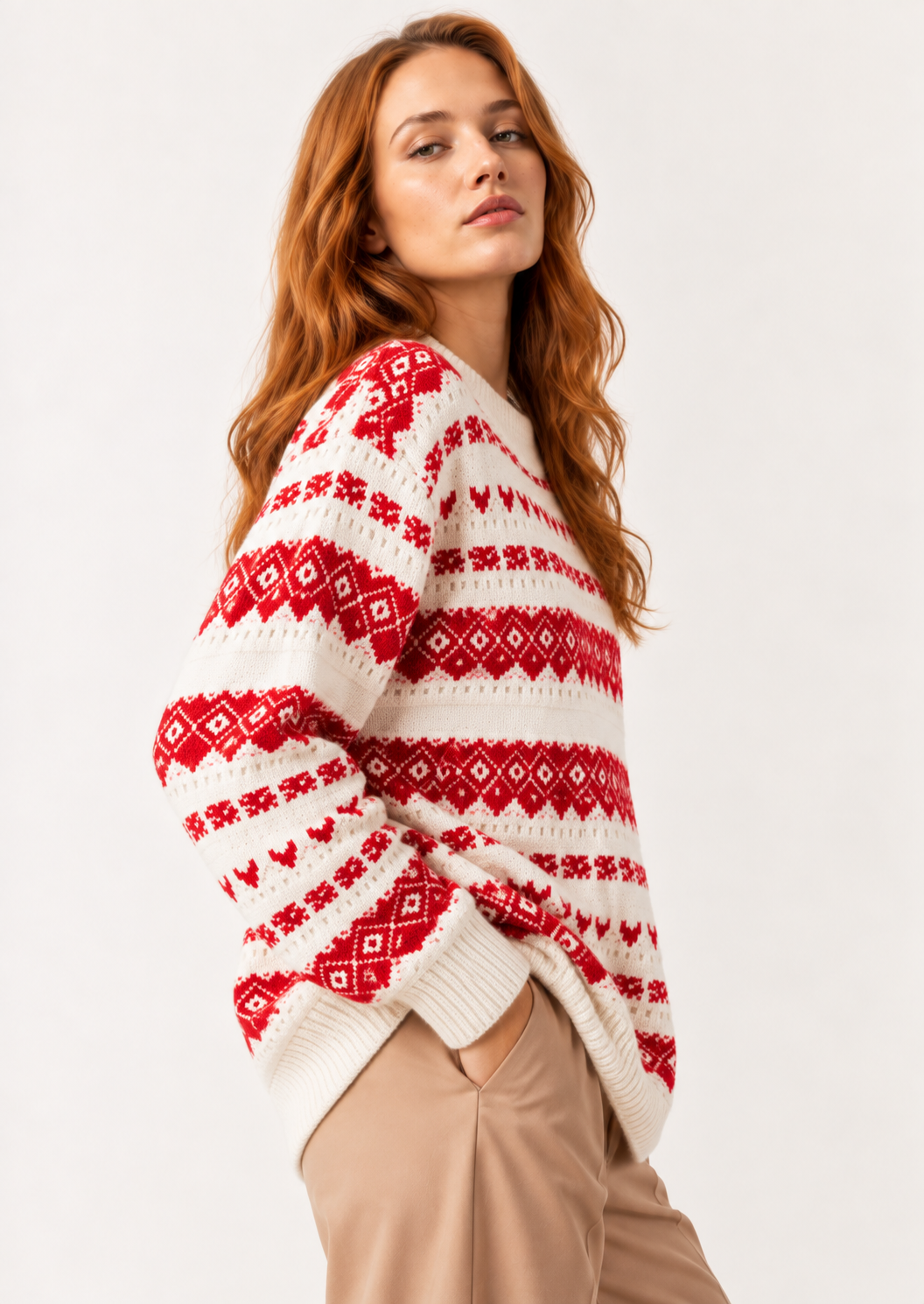 Geometric Round Neck Dropped Shoulder Sweater - FELLAURA