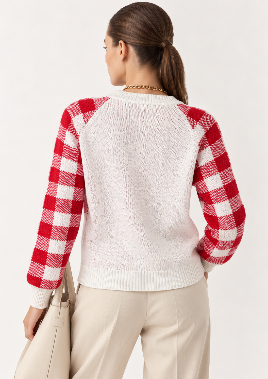Reindeer Plaid Round Neck Long Sleeve Sweater - FELLAURA