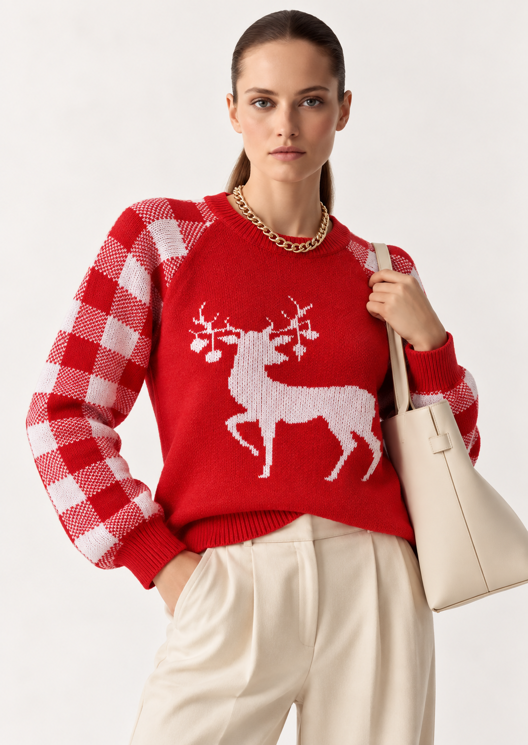 Reindeer Plaid Round Neck Long Sleeve Sweater - FELLAURA