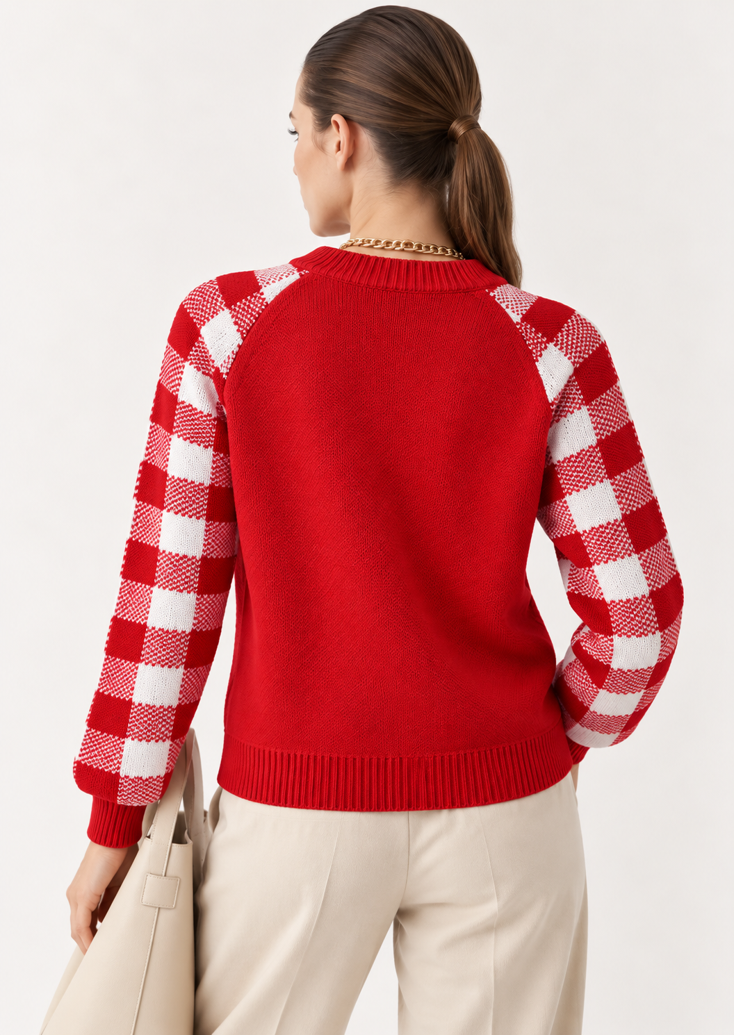 Reindeer Plaid Round Neck Long Sleeve Sweater - FELLAURA
