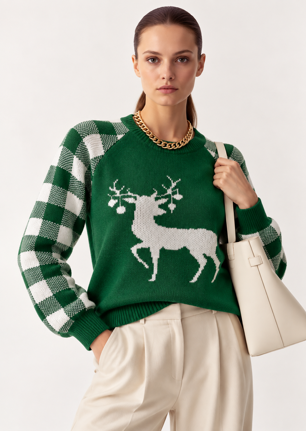 Reindeer Plaid Round Neck Long Sleeve Sweater - FELLAURA