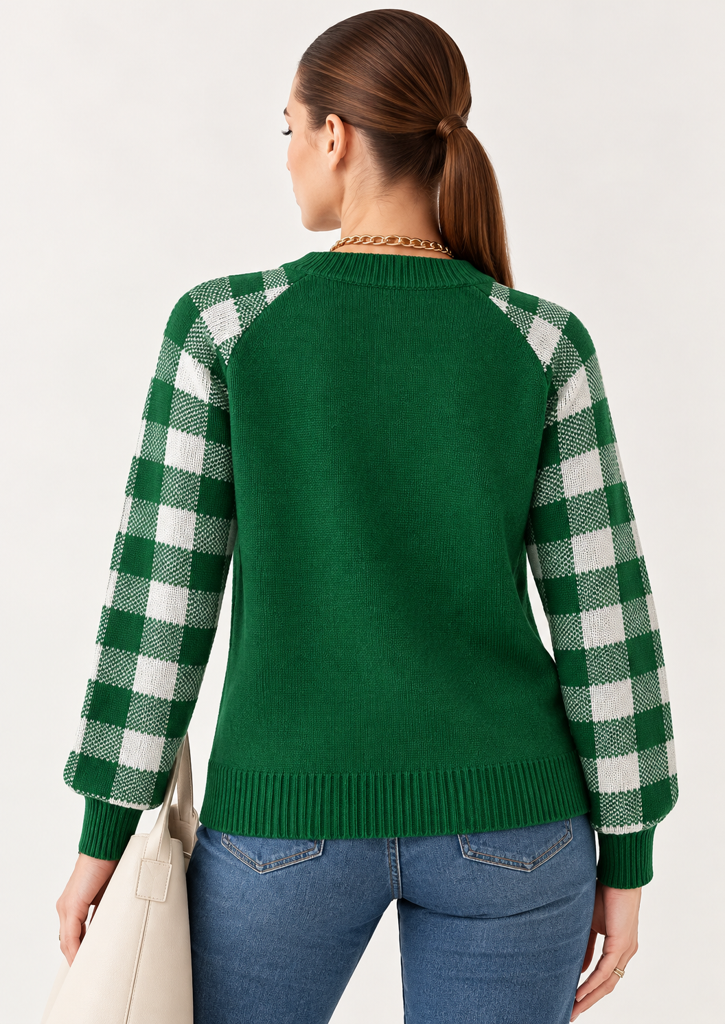 Reindeer Plaid Round Neck Long Sleeve Sweater - FELLAURA