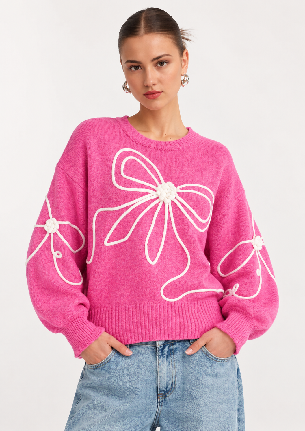 Bow Round Neck Dropped Shoulder Sweater
