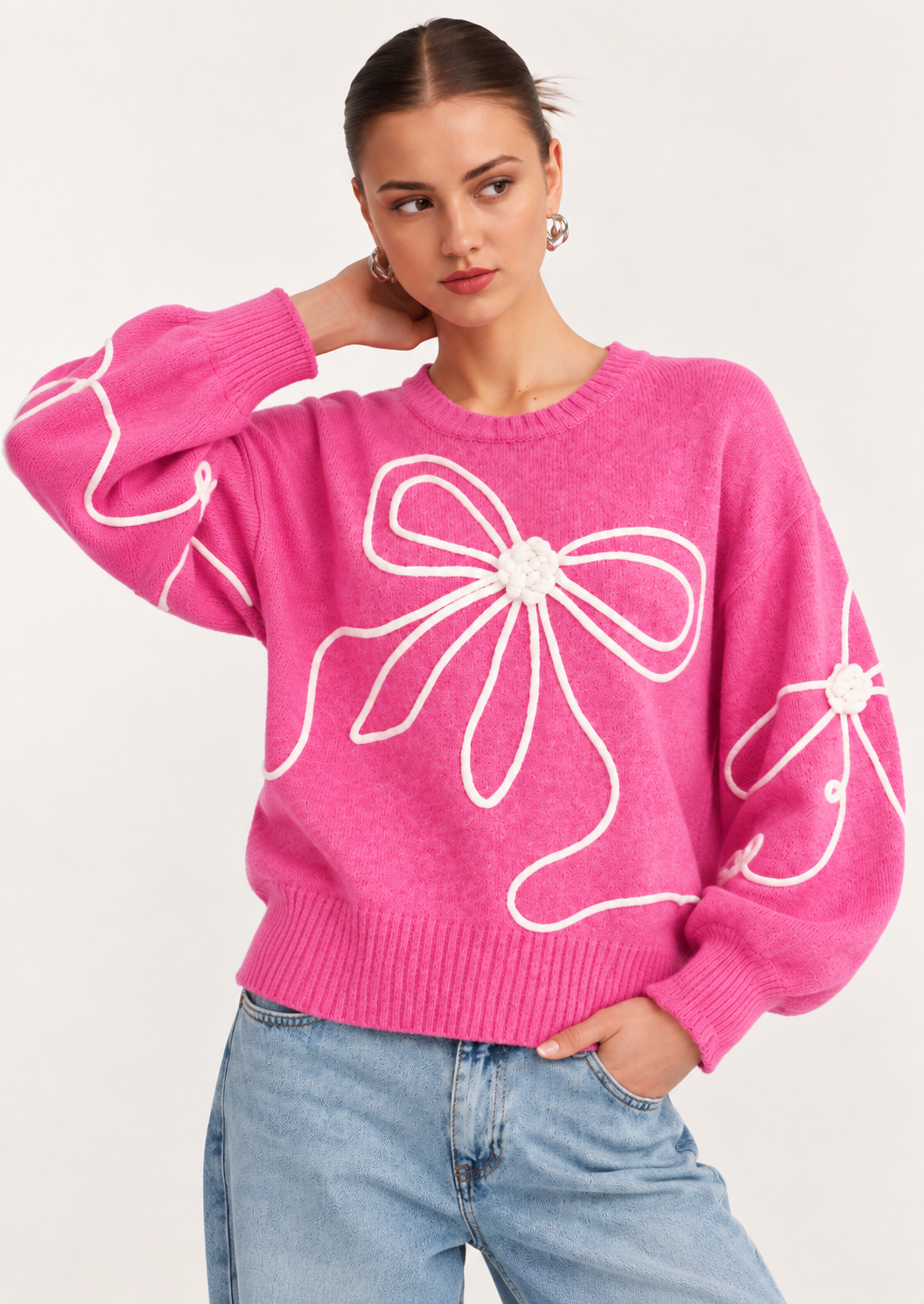 Bow Round Neck Dropped Shoulder Sweater